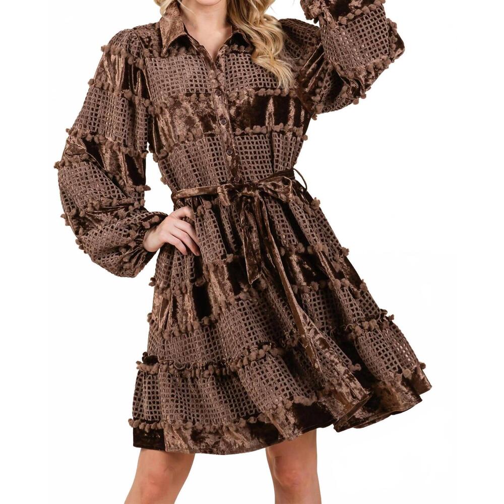 NEW GEEGEE velvet grid pom-pom dress in brown